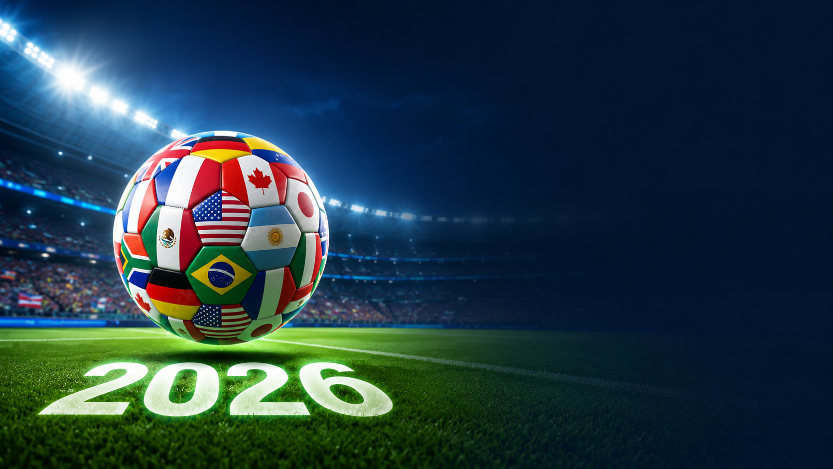 FIFA 2026 flag soccer ball glowing on a stadium pitch under floodlights