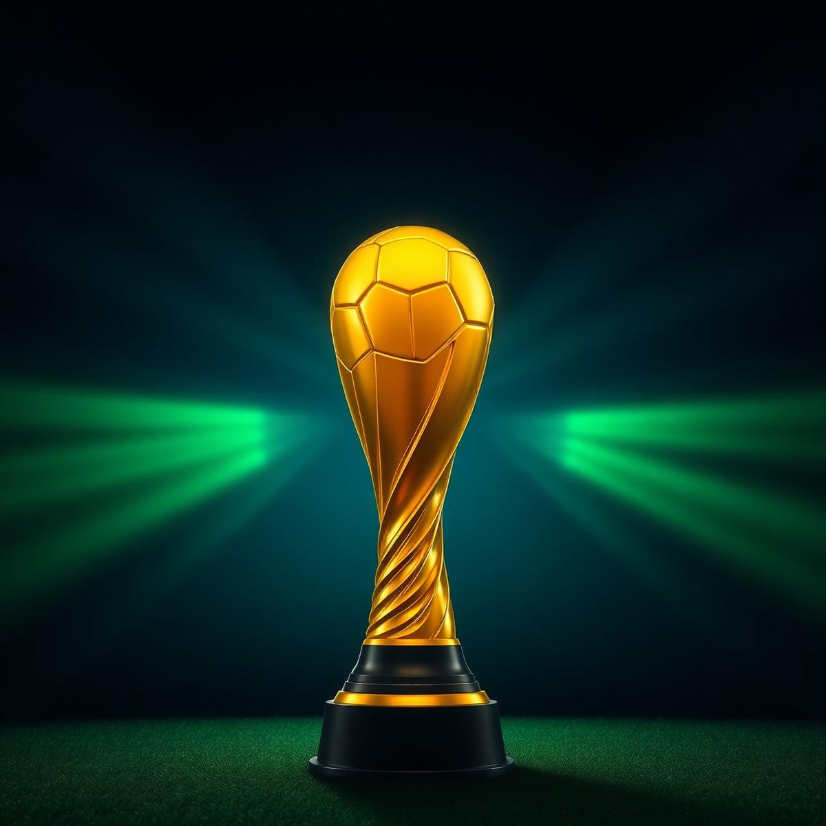 Golden world cup trophy glowing with green stadium light rays