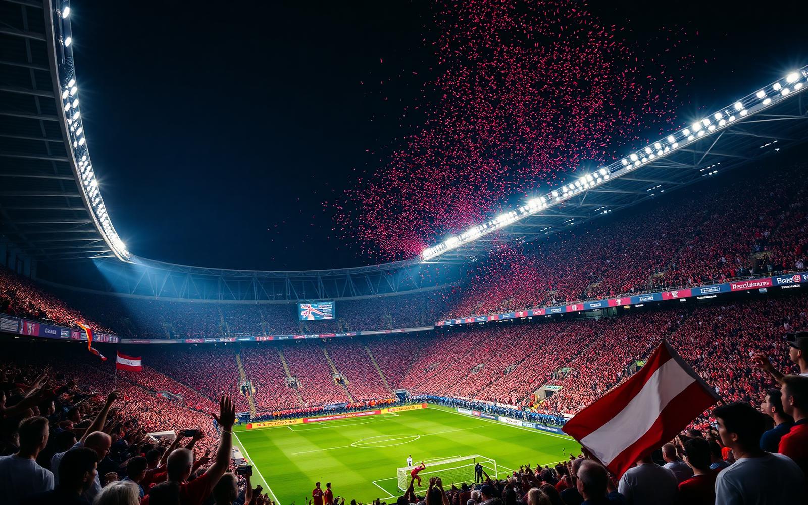 Packed stadium at night with fans, flags, and confetti