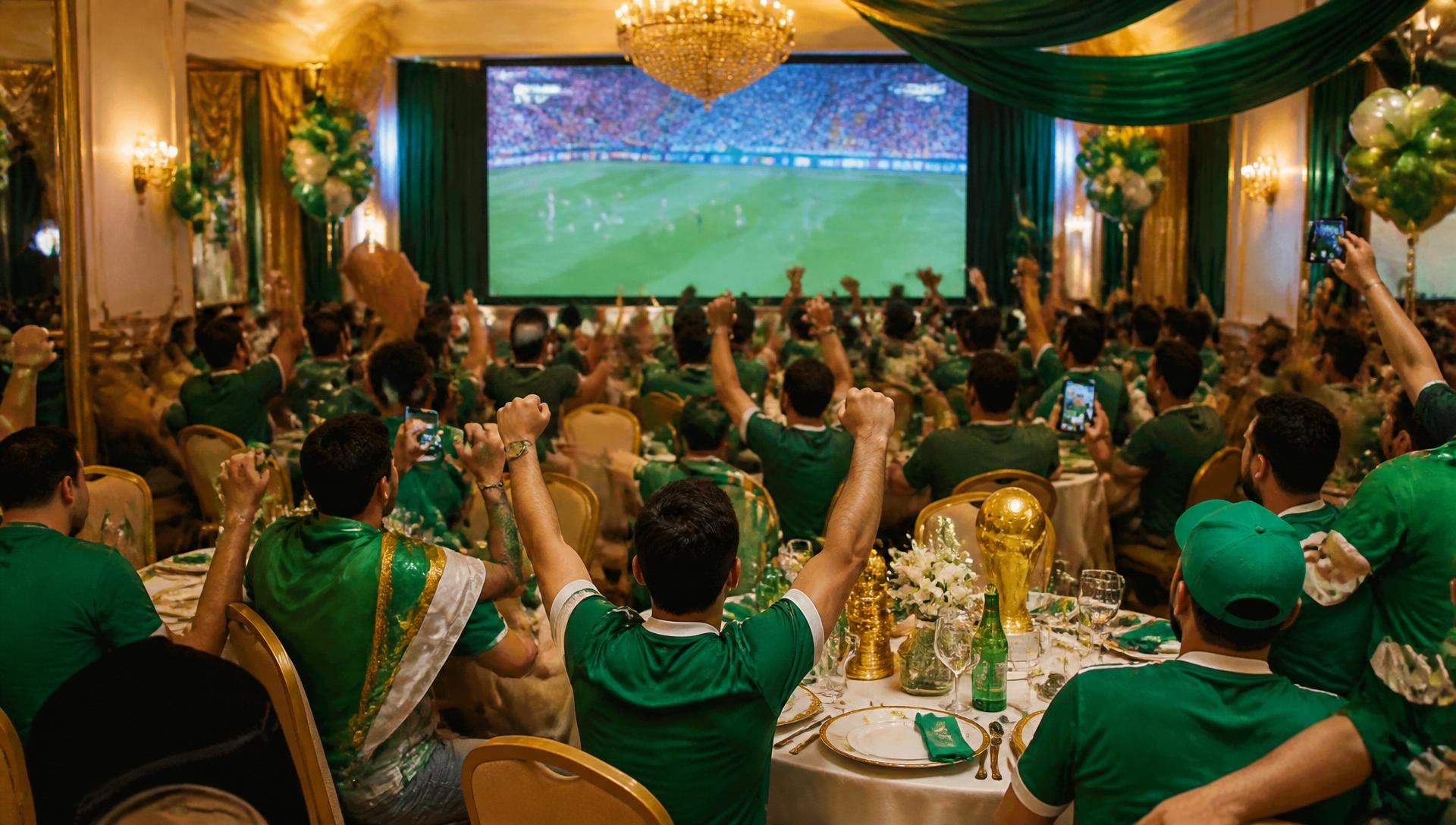 Fans celebrating a soccer match at a World Cup watch party